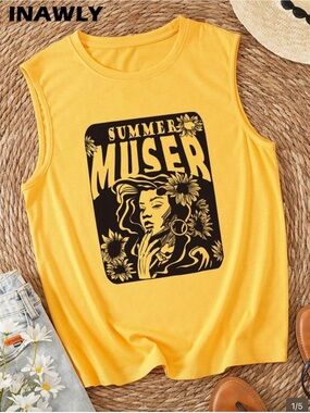 SHEIN Yellow 'Summer Muser' Graphic Muscle Tee